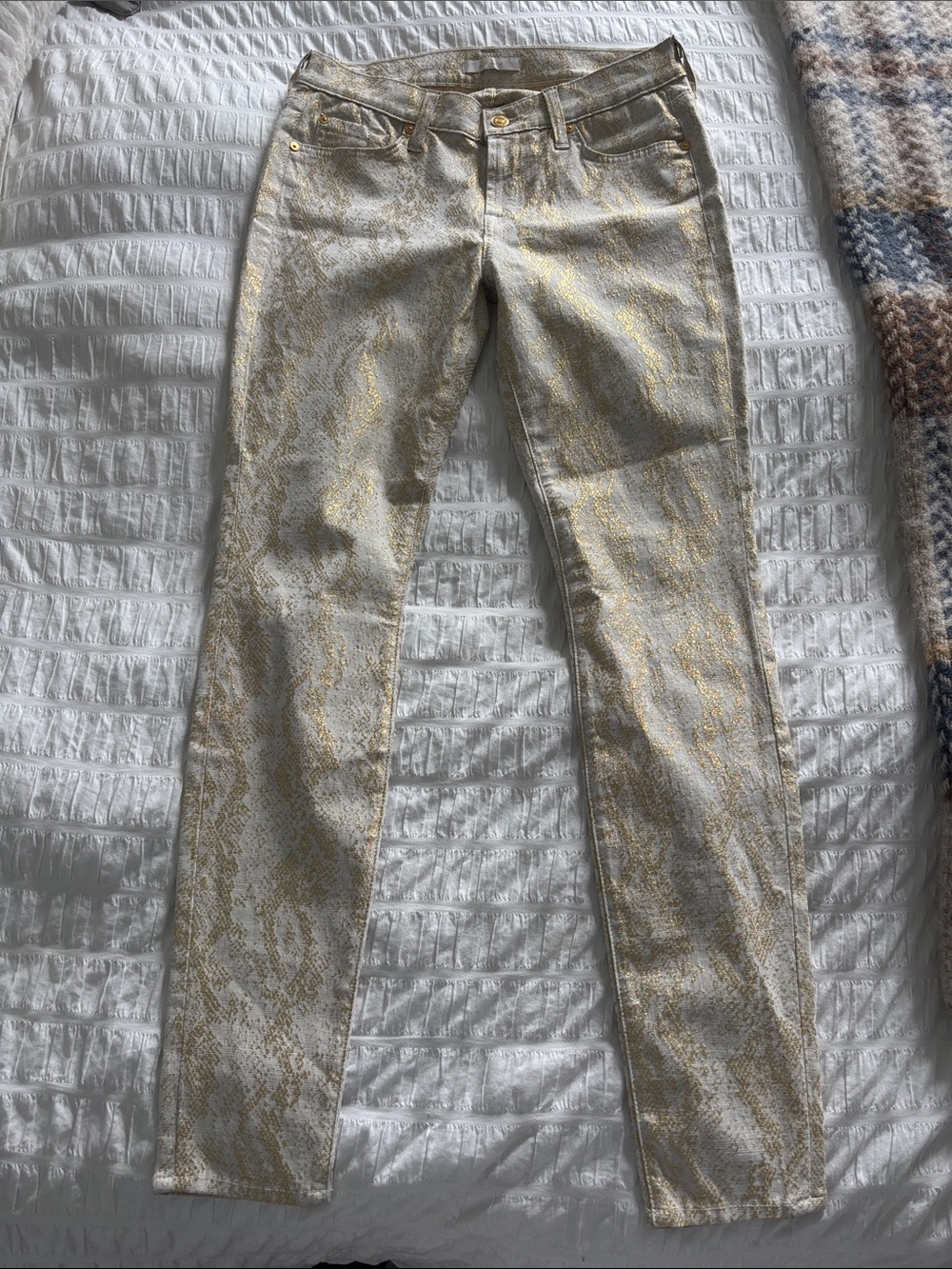 7 for all Mankind Gold and Cream Snakeskin Print Jeans